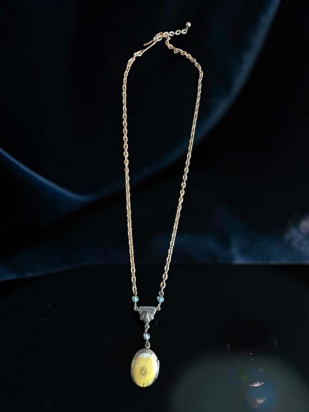 Art Nouveau Yellow Flower Pressed Resin Locket Pendant Necklace Sterling